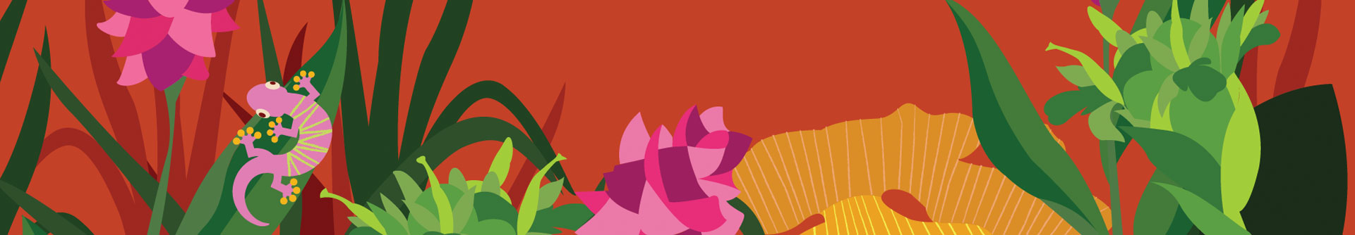 Colorful botanical scene with drawings of ginger and turmeric and lemongrass plants with a pink ghecko on a leaf and an orange background. 
