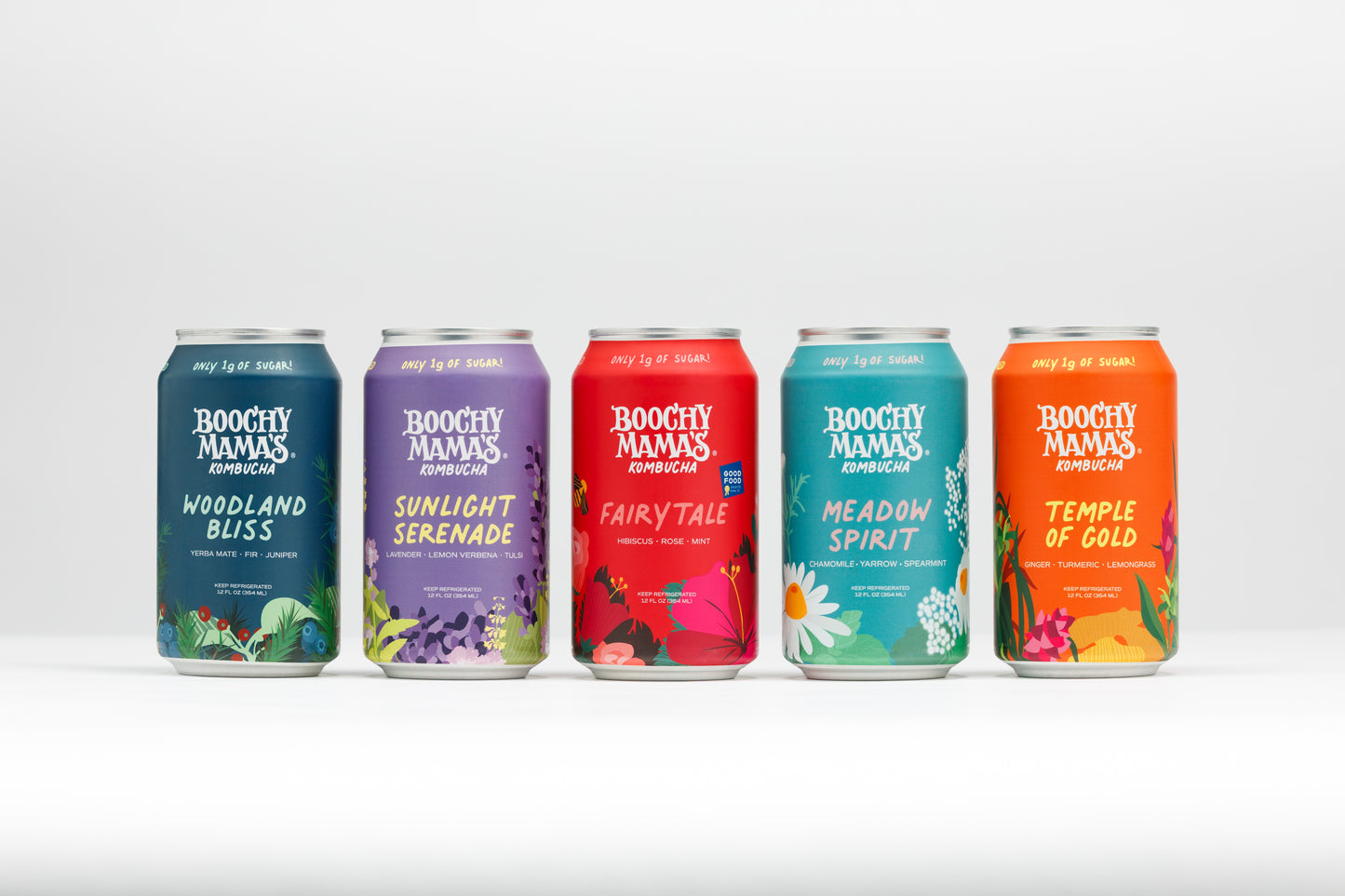 Five cans of Boochy Mama's Kombucha in a row with colorful labels on a white background.